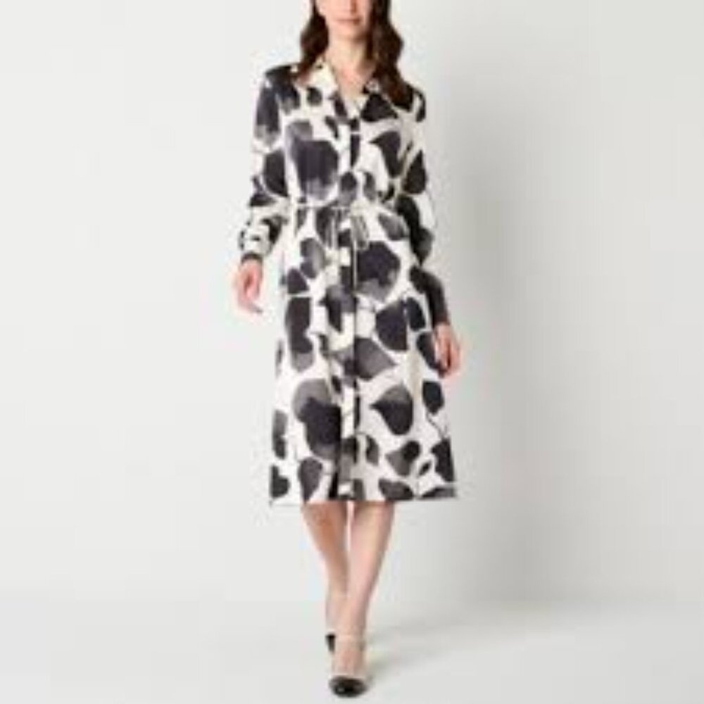 Worthington Black/🤍🩶 White Tie Front Shirt Dress - Picture 5 of 8